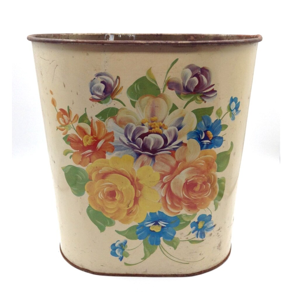 Vtg Harvell Metal Trash Can Wastebasket Floral Hand Painted Tole Cottage 11" USA